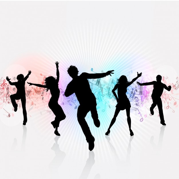 Witte achtergrond van de partij met dansende silhouetten Gratis Vector