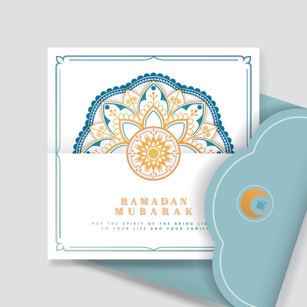 Witte en blauwe eid mubarak-prentbriefkaarvector Gratis Vector