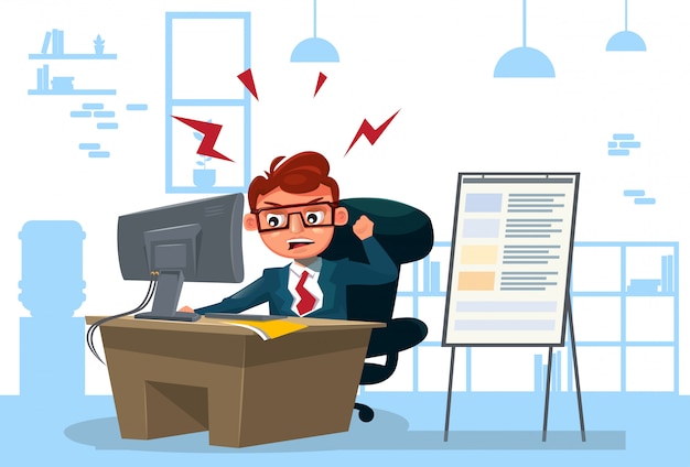 Woedende bedrijfsmens die aan computer werkt zit bij bureau over bureau Premium Vector