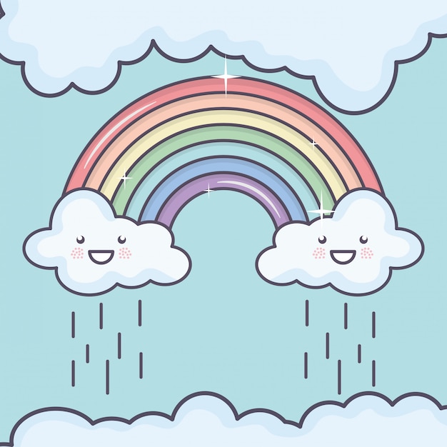 Wolkenhemel met kawaiikarakters van het regenboogweer Gratis Vector
