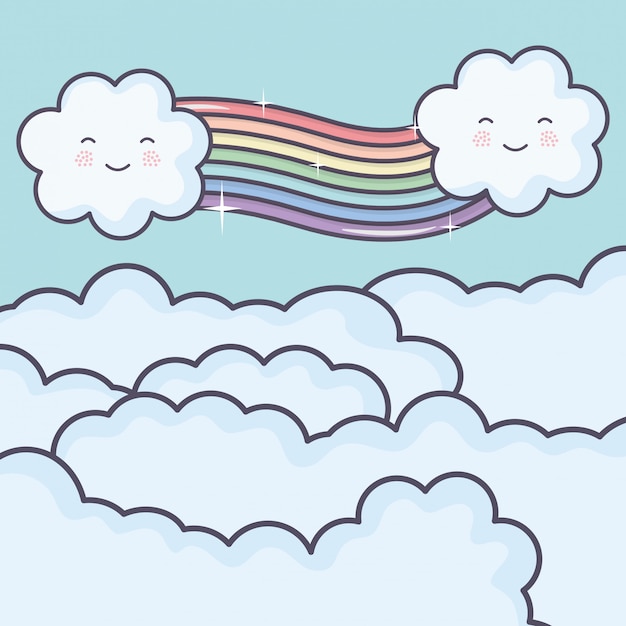 Wolkenhemel met kawaiikarakters van het regenboogweer Gratis Vector