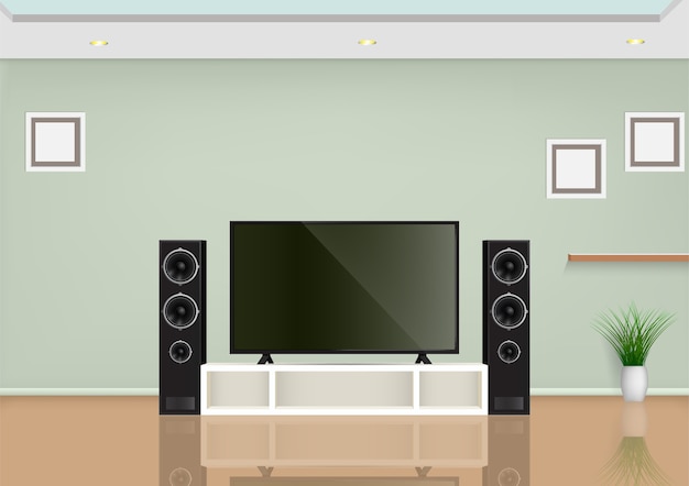 Woonkamer met smart tv op tafel en speaker audio. illustratie