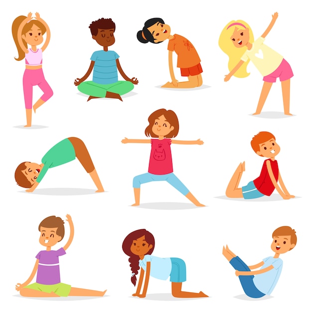 wervelkolom Monografie Onweersbui Yoga kinderen vector jong kind yogi karakter training sport oefening  illustratie gezonde levensstijl set cartoon jongens en meisjes  wellness-activiteit van het uitrekken van meditatie geïsoleerd | Premium  Vector