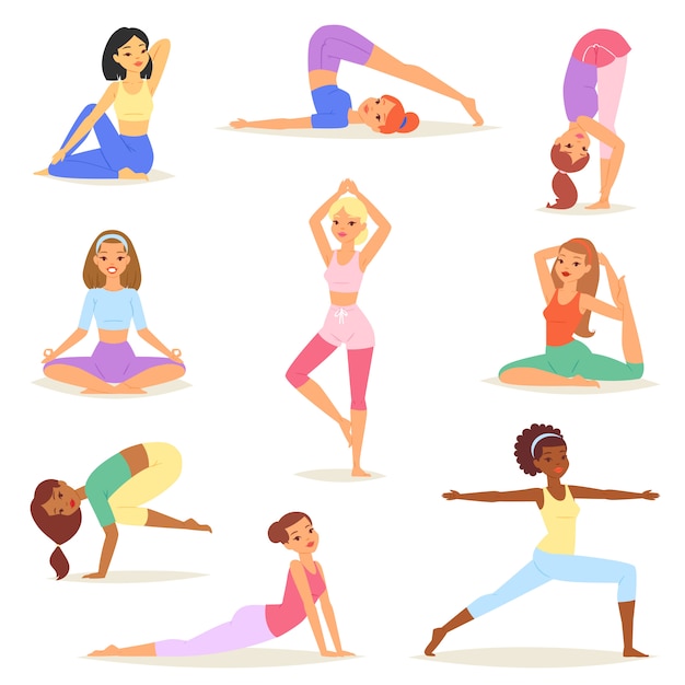 Yoga vrouw vector jonge vrouwen yogi karakter opleiding flexibele oefening pose illustratie set van gezonde meisjes levensstijl training met meditatie evenwicht ontspanning geïsoleerd Premium Vector