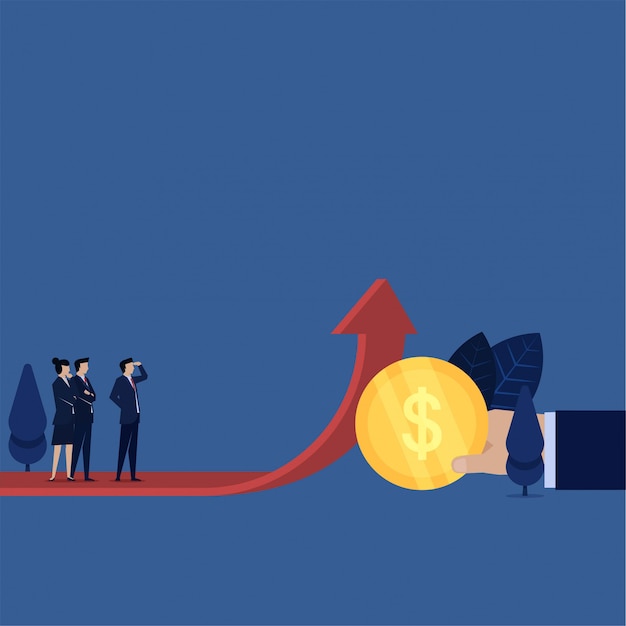 Zakelijke hand maakt pijl opgroeien met munt en business team ziet het metafoor van de groei winst. Premium Vector