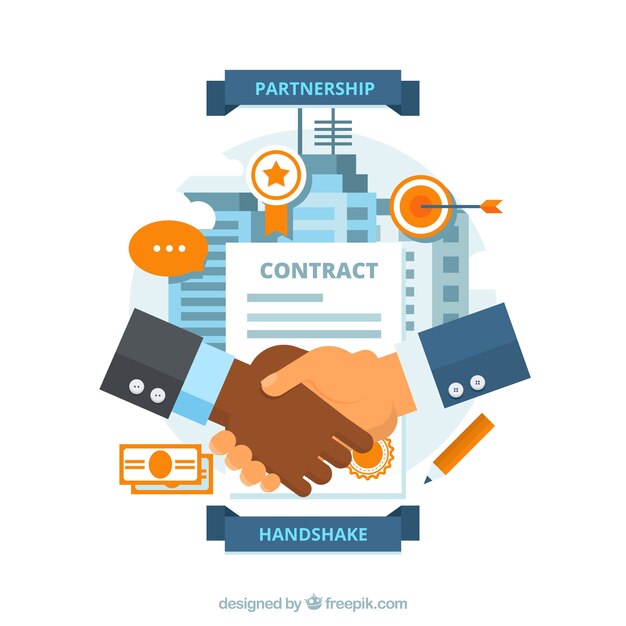 Zakelijke handdruk achtergrond met contract in vlakke stijl Gratis Vector