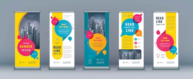 Zakelijke roll up set, standee sjabloon voor spandoek Premium Vector