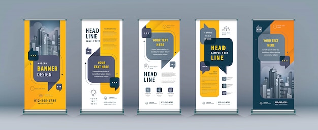 Zakelijke roll up set, standee sjabloon voor spandoek Premium Vector