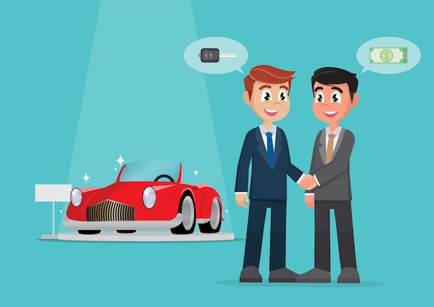 Zakenman deal voor de verkoop van een auto met contant geld. | Premium Vector