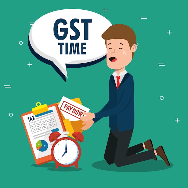 Zakenman met gst het vastgestelde ontwerp van de pictogrammen vectorillustratie Premium Vector
