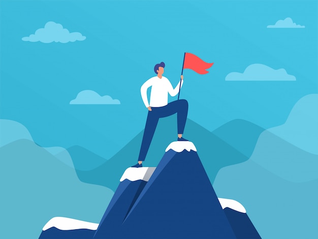 Zakenman staande op de top van de berg met vlag, succes leiderschap, illustratie, mensen bereiken doel, bestemmingspagina, sjabloon, ui, web, startpagina, poster, banner, flyer Premium Vector