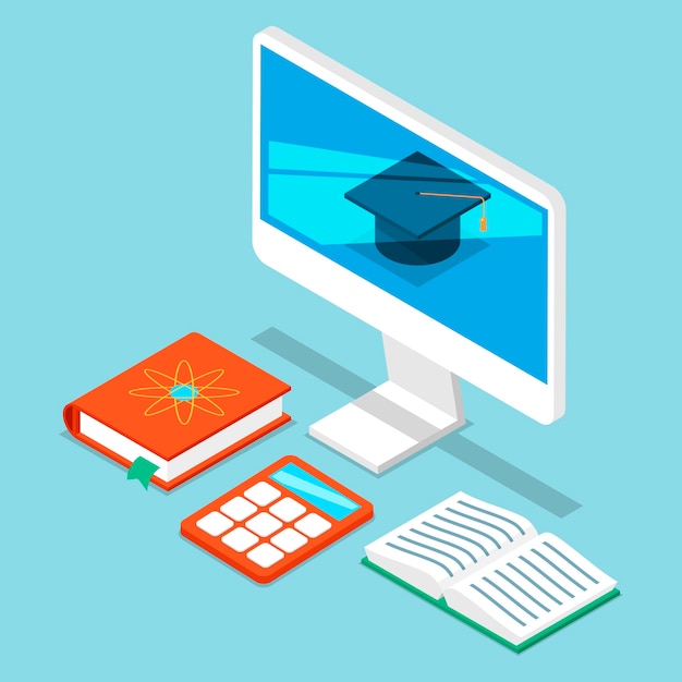Zelfonderwijs computerprogrammeur, bedrijfsanalyse. computers monitor met college hoed, boeken en rekenmachine voor online zelfonderwijs wetenschap. Premium Vector