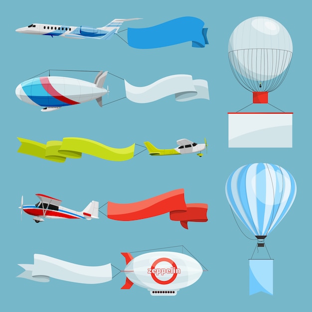 Zeppelins en vliegtuigen met lege banners voor reclameberichten. vectorillustratiesvliegtuig en zeppelin met reclame met plaats voor uw tekst Premium Vector