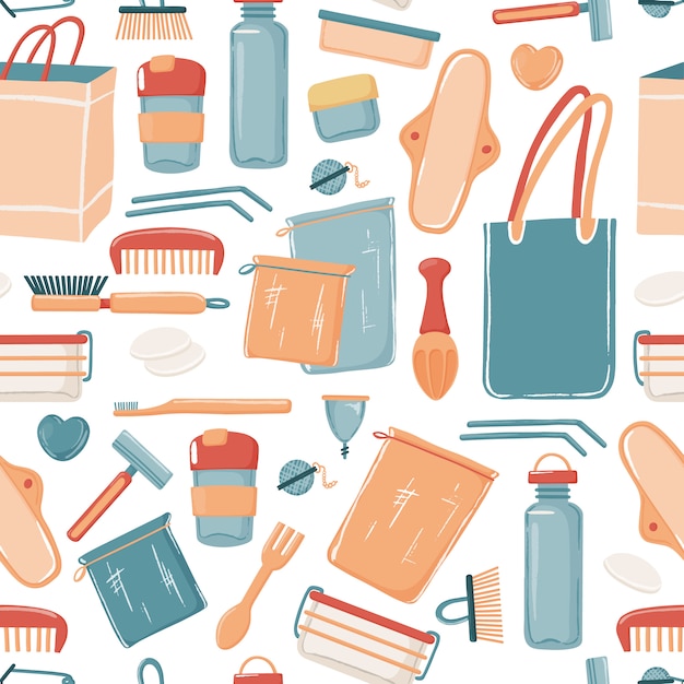 Zero waste, eco lifestyle seamless pattern with canvas Premium Vector