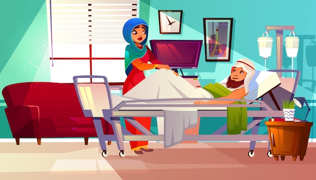 Ziekenhuis concept. arabische patiënt in bed met het levens ondersteunende systeem en moslimverpleegster in hijab Gratis Vector