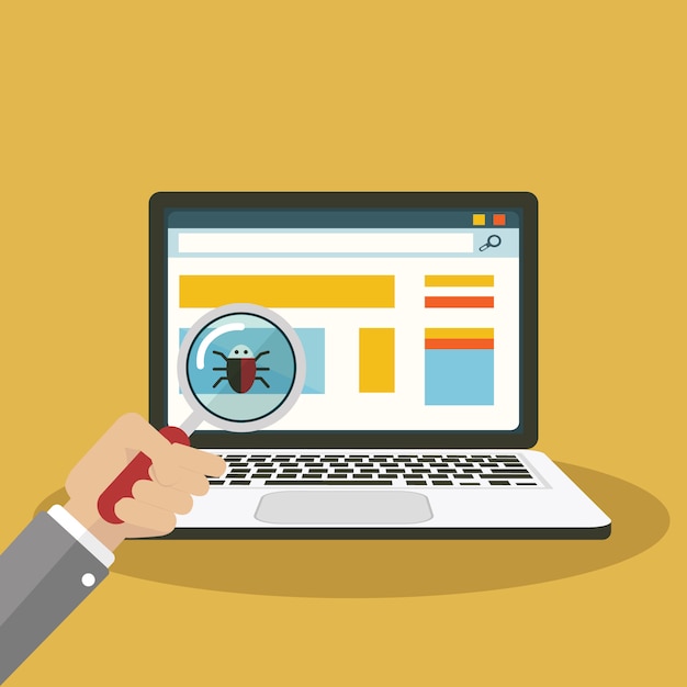 Zoeken naar bug, virus vergrootglas met computer Premium Vector