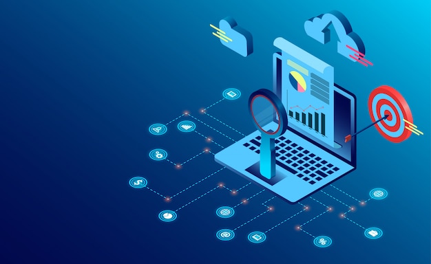 Zoekmachine analytics seo succes in vlakke stijl Premium Vector