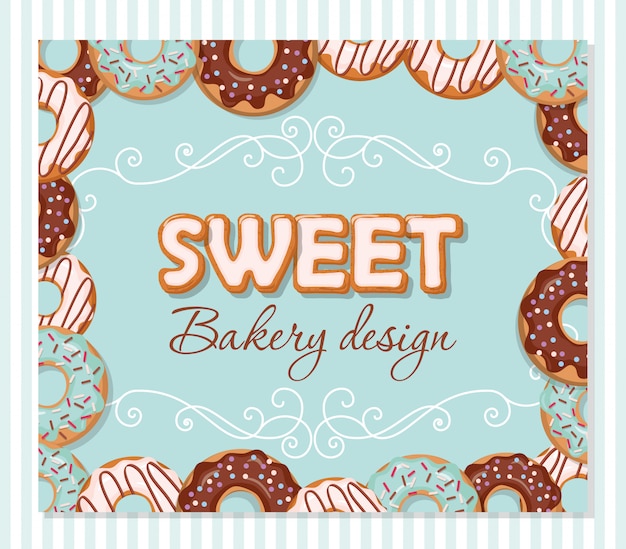 Zoete bakkerij ontwerpsjabloon. cartoon hand getekende letters en donut frame op blauw. Premium Vector