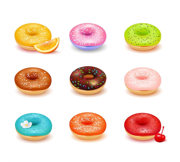 Zoete kleurrijke donuts met diverse bovenste laagjes en vers die fruitassortiere op witte realistische vectorillustratie wordt geïsoleerd als achtergrond Gratis Vector