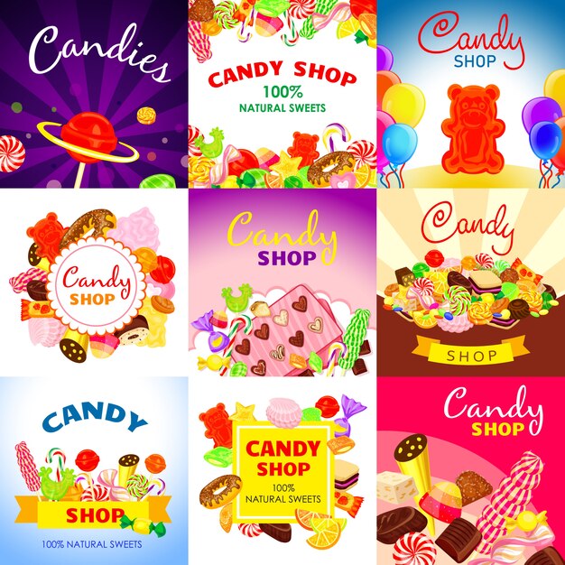 Zoete snoep banner set. beeldverhaalillustratie van zoete die snoep vectorbanner voor webontwerp wordt geplaatst Premium Vector