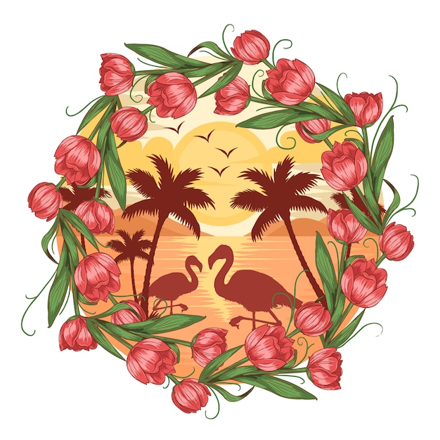 Zomer flamingo strandgezicht met kokosboomboom en bloemvector Premium Vector