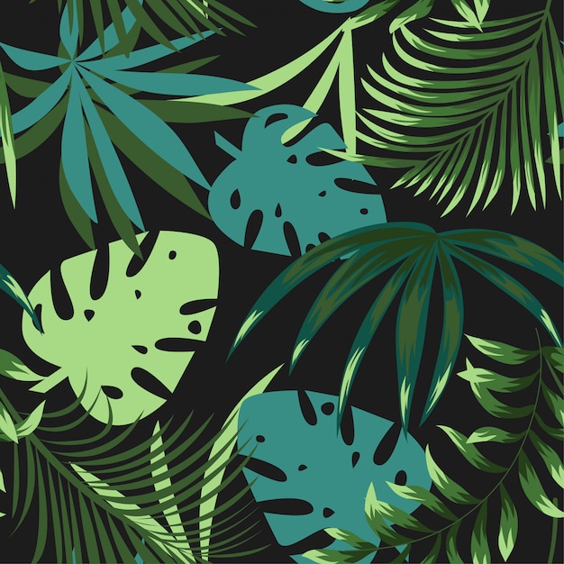 Zomer heldere naadloze patroon met kleurrijke tropische bladeren en planten op groene achtergrond Premium Vector
