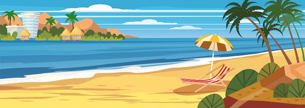 Zomer zeegezicht, strand, zomervakantie, chaise lounge paraplu op de zee Premium Vector