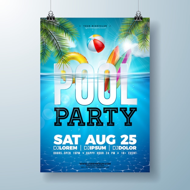 Zomer zwembad partij poster of flyer ontwerpsjabloon met palmbladeren en strandbal Premium Vector