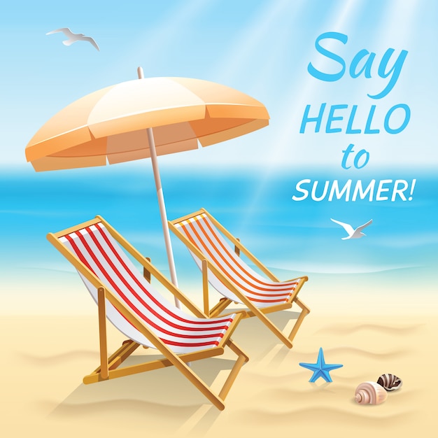 Zomervakantie strand achtergrond zeg hallo zomer behang met zon stoel en schaduw vectorillustratie. Gratis Vector