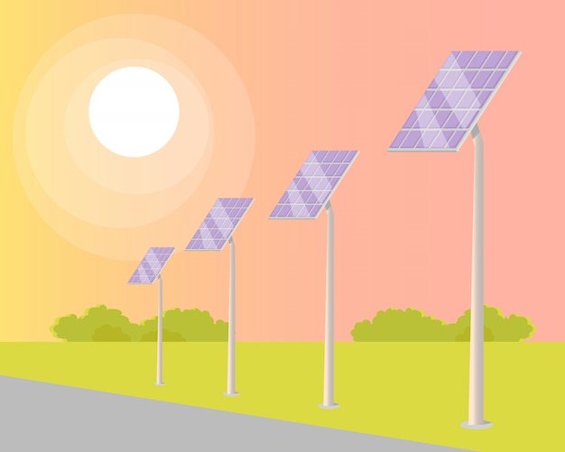 Zonnepanelen veranderden in stralende zon langs de weg Premium Vector