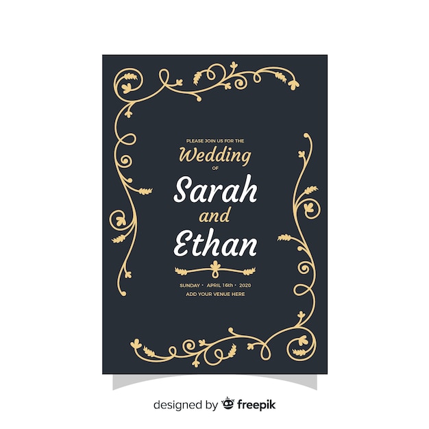 Zwarte bruiloft uitnodiging sjabloon met retro design Gratis Vector